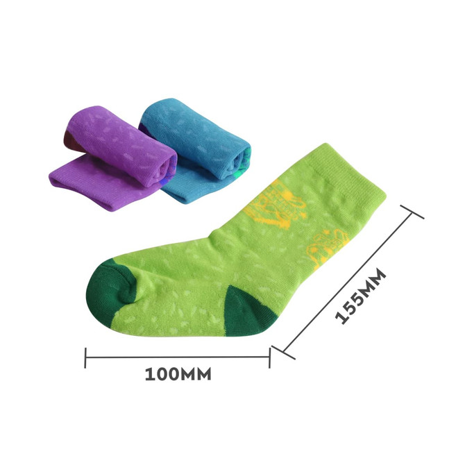 Colourful custom pattern football socks in green, with a towel bottom, accompanied by rolled purple and blue socks.