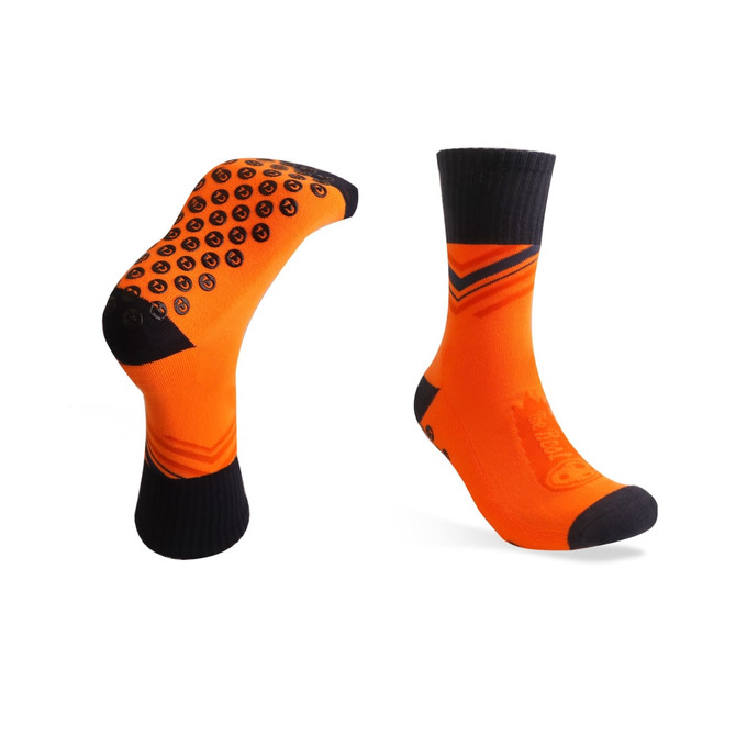 Orange socks with a black towel bottom and grips, featuring a black band at the top and logo detail. Orange socks with a black towel bottom and grips, featuring a black band at the top and logo detail.