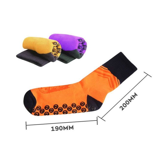 Colourful football socks featuring an orange design with a towel bottom and a gripper sole. Includes purple, yellow, and green pairs. Colourful football socks featuring an orange design with a towel bottom and a gripper sole. Includes purple, yellow, and green pairs.