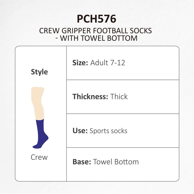 Crew Gripper football socks in navy with a towel bottom feature. Designed for adults, sizes 7-12, and thick in style. Crew Gripper football socks in navy with a towel bottom feature. Designed for adults, sizes 7-12, and thick in style.