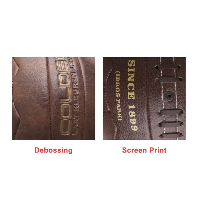A vintage soccer ball featuring brown paneling with debossed and screen-printed text.
