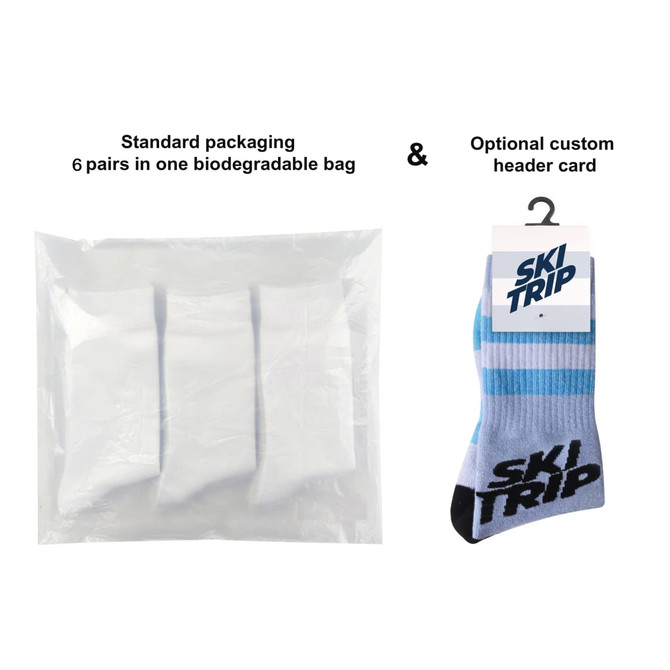 Biodegradable bag containing six pairs of patterned merino wool socks in blue and white with a logo.