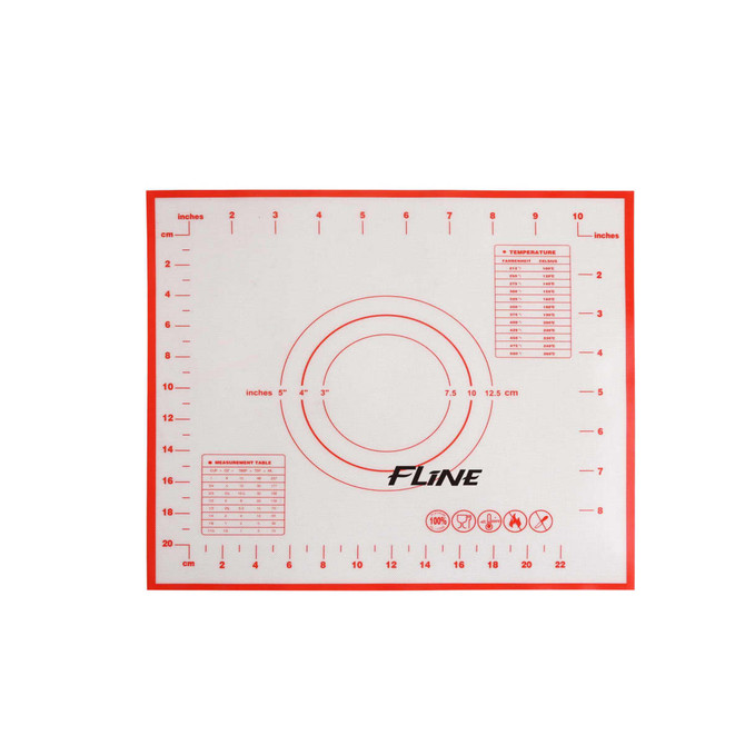 A silicone pastry mat featuring red measurements and circles, with a logo in the centre and a white background.