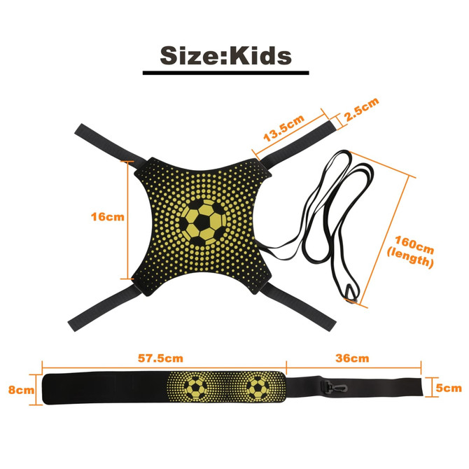 A soccer training belt in black and yellow, featuring a football design, with adjustable straps and measurement details.
