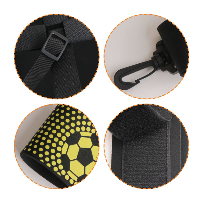 A close-up of a black soccer training belt featuring a clip, strap, and velcro, with a yellow soccer ball design.