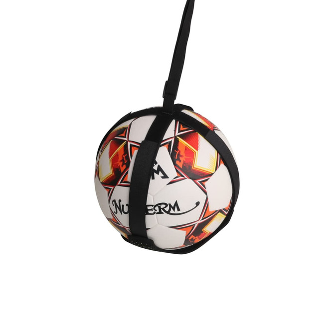 A soccer training belt with a black strap holding a multi-coloured soccer ball, designed for outdoor sports activities.