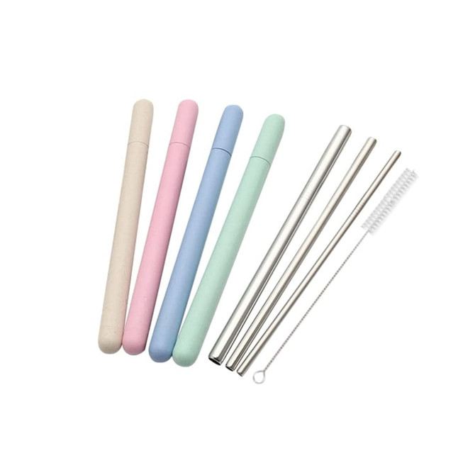A set of eco-friendly drinking straws in pastel pink, blue, and green cases, with metallic straws and a cleaning brush.