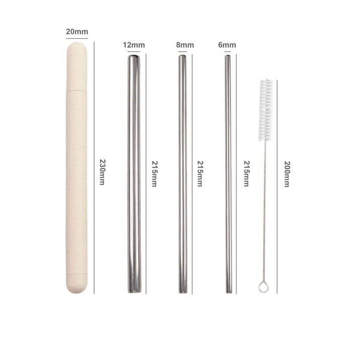 A straw set featuring four stainless steel straws in various sizes, with a cleaning brush and a light-coloured case.
