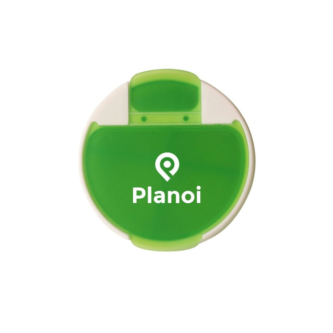 A round green pill box with a white top, featuring a logo on the front.