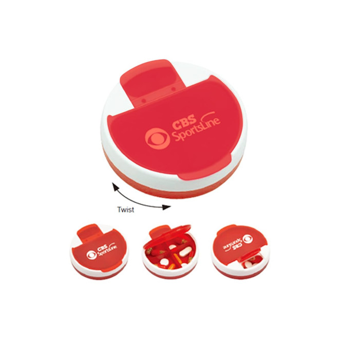 A round, red pill box with a white lid and a logo, featuring segmented compartments for organisation.