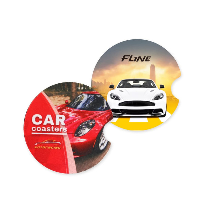 A drink coaster set featuring vibrant designs: a red car and a white sports car against a city backdrop.