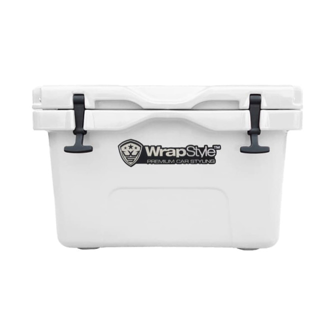 A white 35L cooler box with black clips and a logo on the front. A white 35L cooler box with black clips and a logo on the front.
