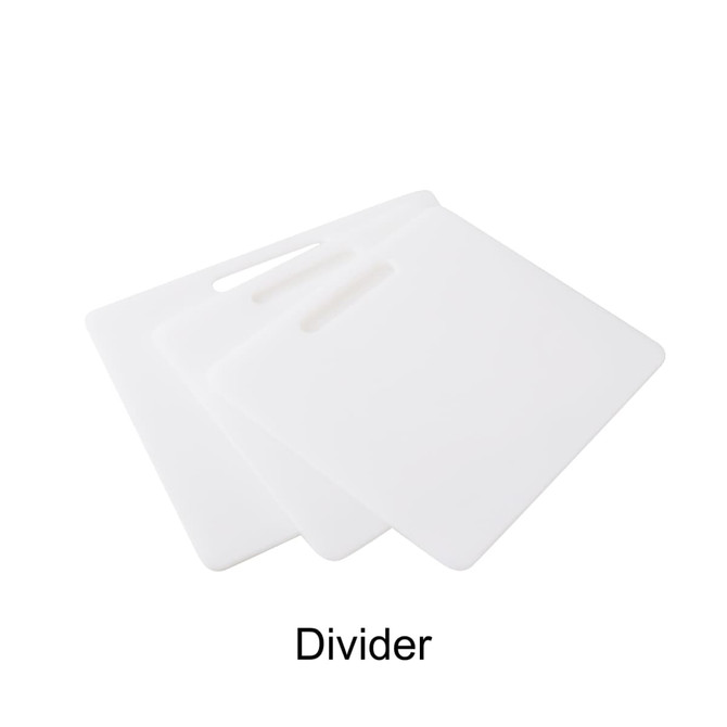 Three white dividers with handle cut-outs, stacked horizontally on a plain background. Three white dividers with handle cut-outs, stacked horizontally on a plain background.