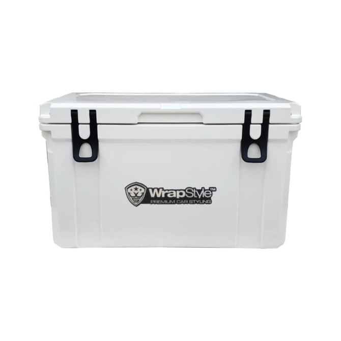 A white 45L cooler box with black clips and a logo on the front. A white 45L cooler box with black clips and a logo on the front.