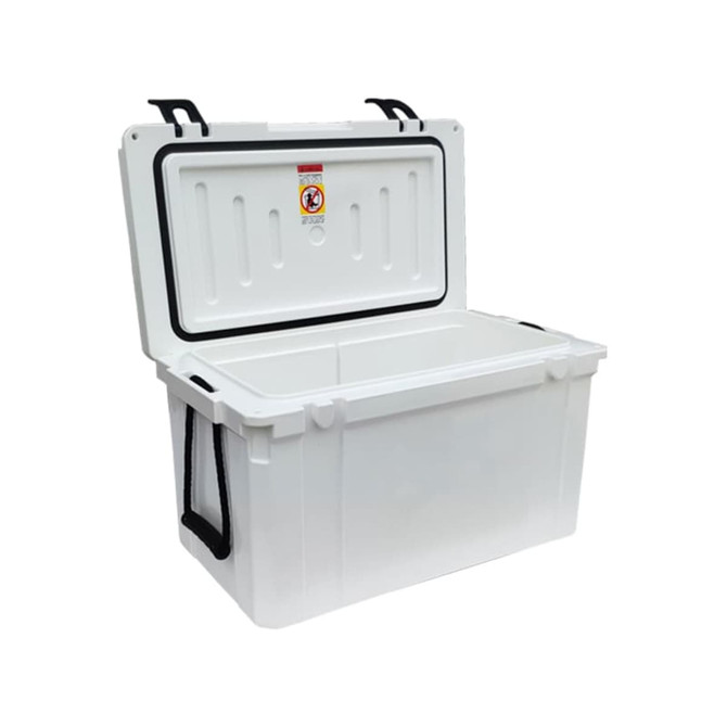A white cooler box with a hinged lid and handles, featuring a robust design and interior storage space. A white cooler box with a hinged lid and handles, featuring a robust design and interior storage space.