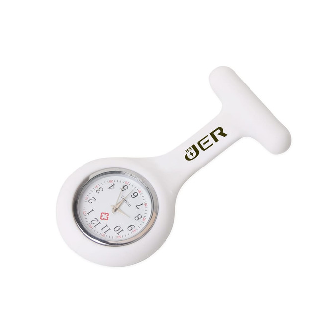 A white silicone nurse watch with a round face displaying numbers and a logo.