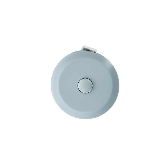 A round, light blue tape measure with a central button, designed for measuring up to 1.5m.