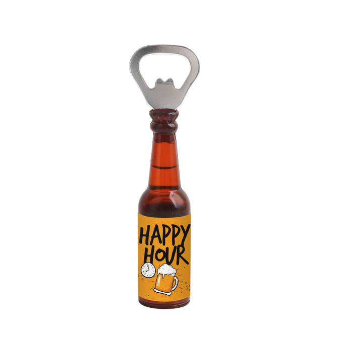 A drink bottle shaped opener in amber with a silver bottle cap and a logo featuring "Happy Hour". 