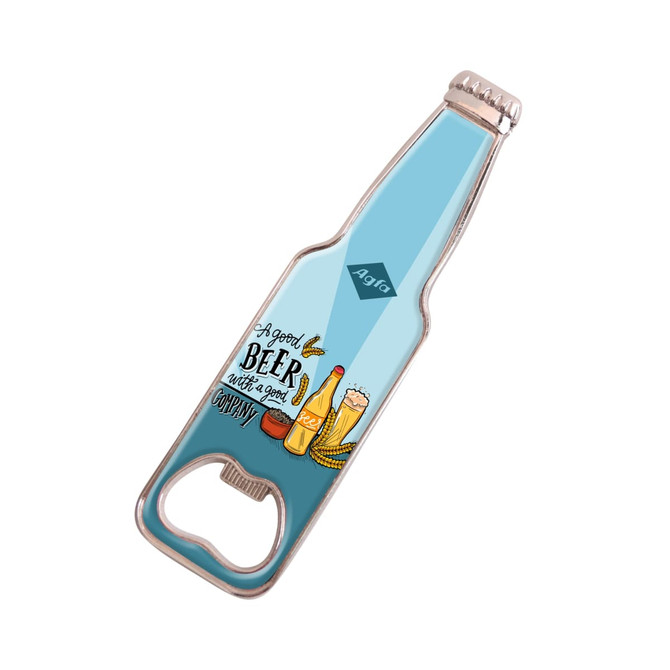 A drink bottle-shaped fridge magnet bottle opener in blue, featuring a graphic design and a logo.