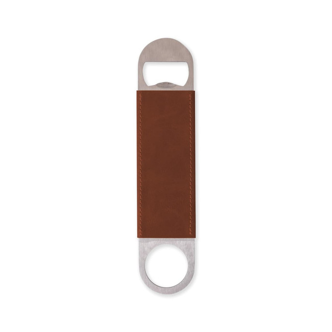 A drink bottle opener featuring a stainless steel end and a brown leather grip, with a logo on the leather.