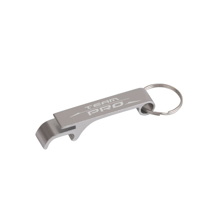 A drink bottle opener in silver aluminium with a keyring attachment and a logo.