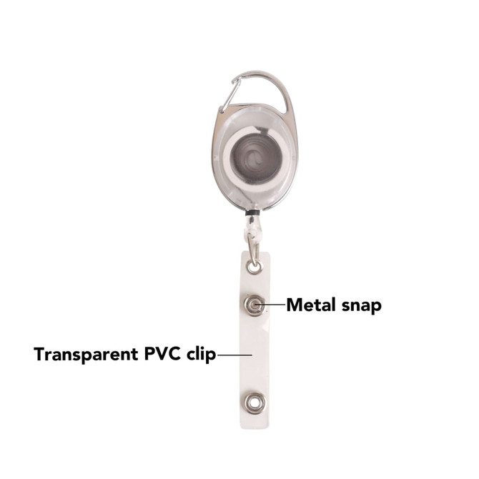 A retractable oval card holder with a metal snap and a transparent PVC clip, featuring a silver finish. A retractable oval card holder with a metal snap and a transparent PVC clip, featuring a silver finish.