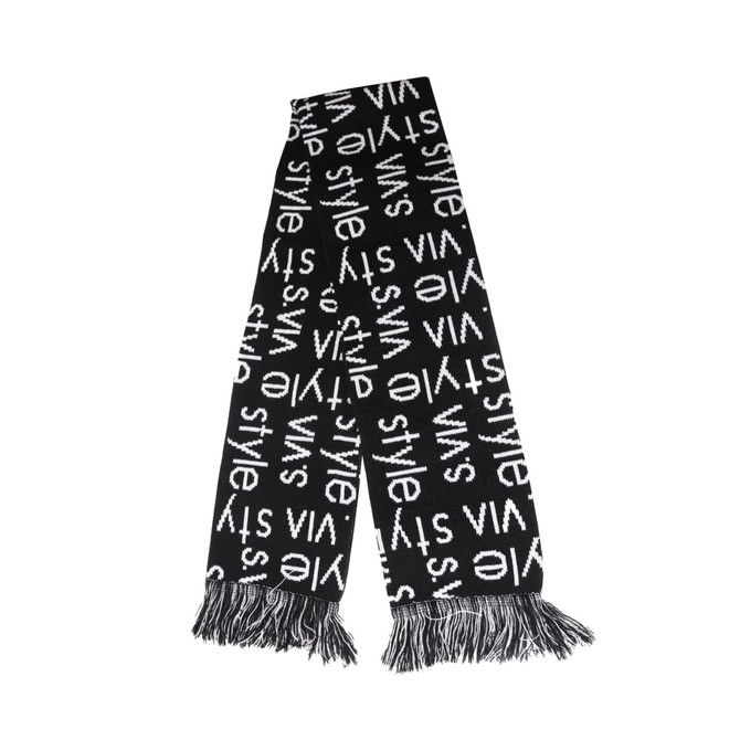 Acrylic fibres scarf in black and white featuring a repeating text pattern and fringed ends. Has a logo.