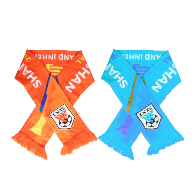 Two elastic spandex scarves in orange and blue, featuring fringe ends and a logo.