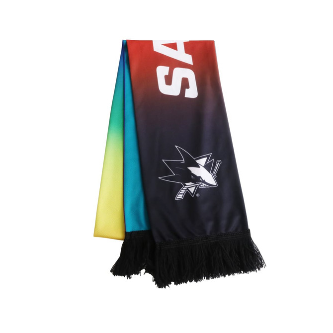 A multi-coloured scarf featuring a gradient from red to blue, with black fringes and a logo.