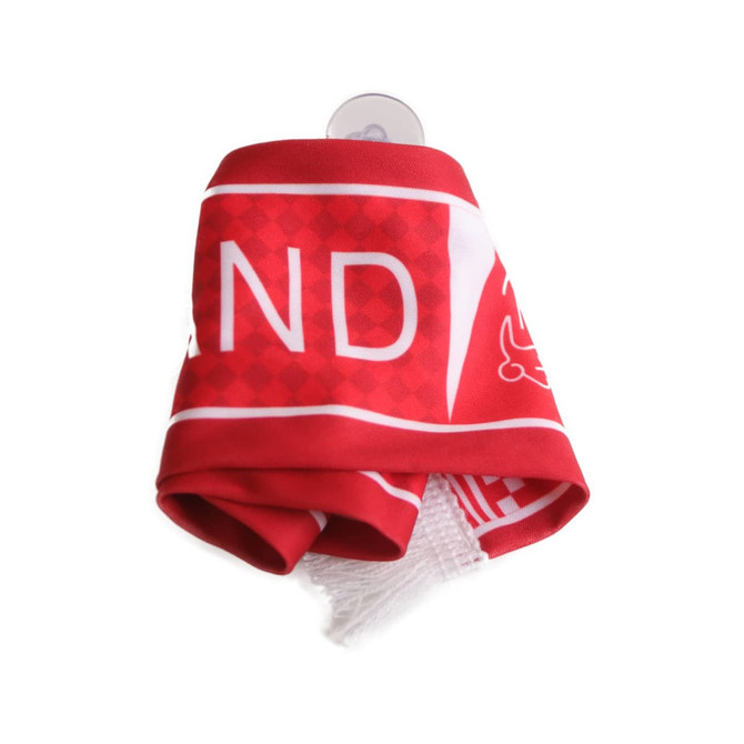 A red scarf with a suction cap, featuring a checkerboard pattern and a branding logo.