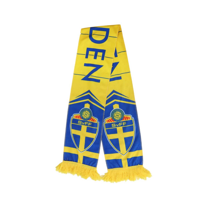 A yellow and blue fleece scarf with fringe, featuring a logo and graphics.