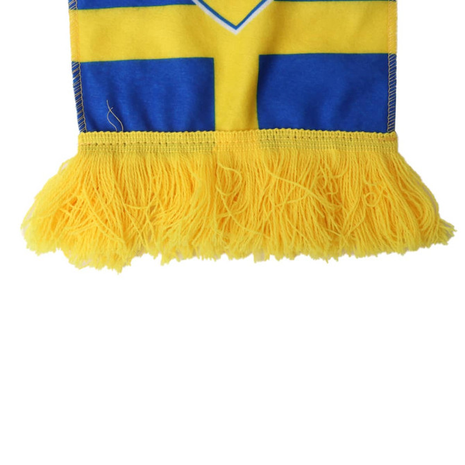 A fleece scarf featuring blue and yellow colours with fringe detailing and a logo.