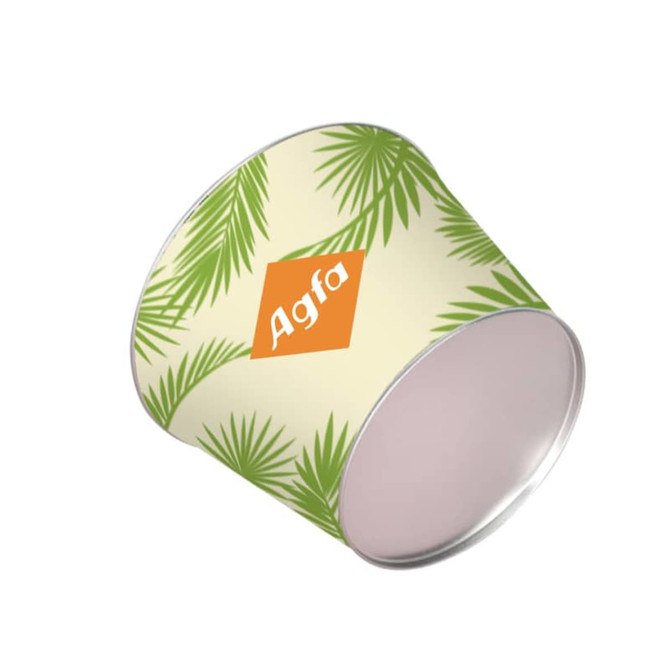 A round ice bucket with a cream background featuring green palm leaves and a logo.