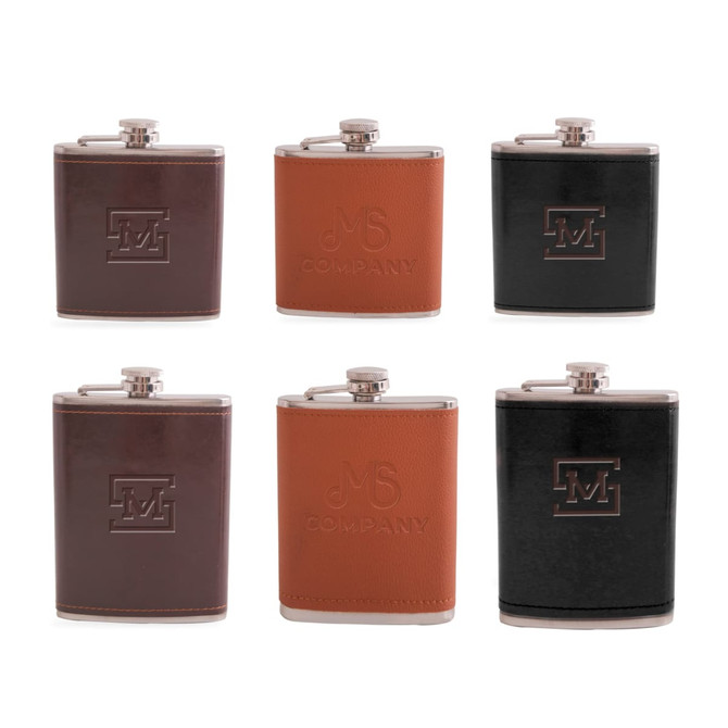 A drink bottle set featuring three classic hip flasks in brown, tan, and black, each with a logo.