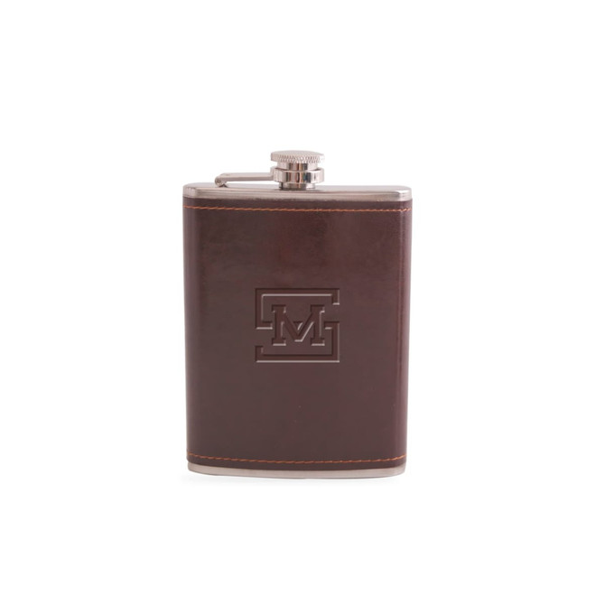 A drink bottle, brown leather hip flask with a silver screw top and embossed logo.