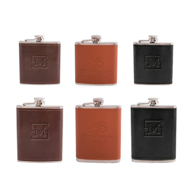A drink bottle featuring classic hip flasks in brown, tan, and black, with a metallic top and logos.