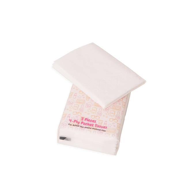 A pack of white pocket tissues, featuring a patterned design, containing eight 4-ply tissues and a logo.