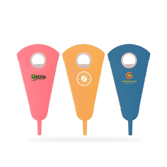 A drink bottle opener set featuring three vibrant colours: pink, orange, and blue, each with a logo.