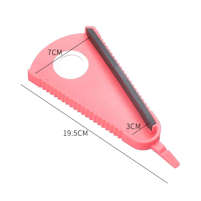 A pink multi-function bottle opener featuring a rounded design, measuring 19.5 cm in length with a logo.