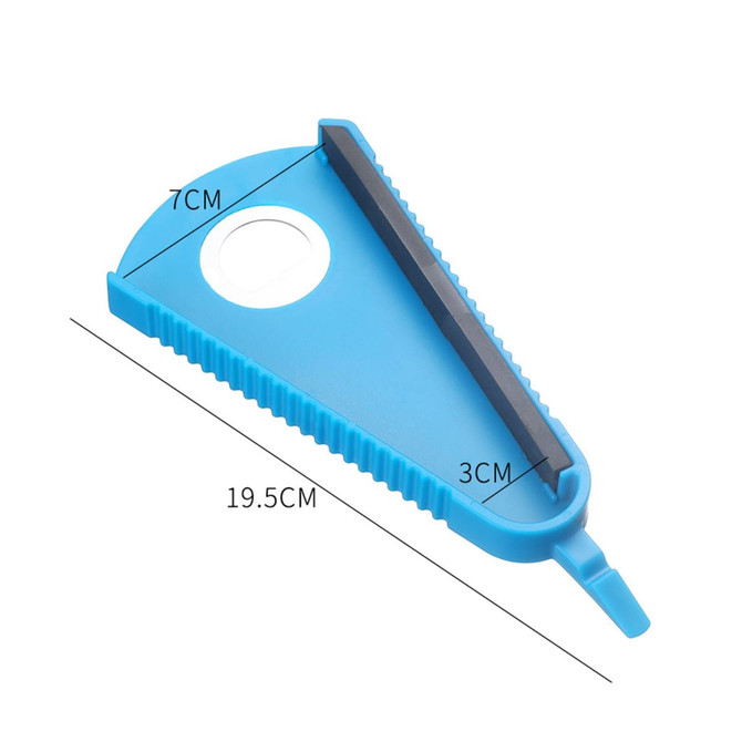 A blue multi-function bottle opener with a triangular shape, featuring a circular cutout and a grip edge.