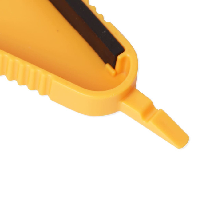 A drink bottle opener in bright yellow with a textured grip and a black cutting edge. It includes a logo.