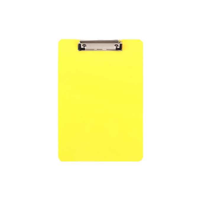A yellow clipboard with a silver metal clip on top, suitable for holding papers securely.