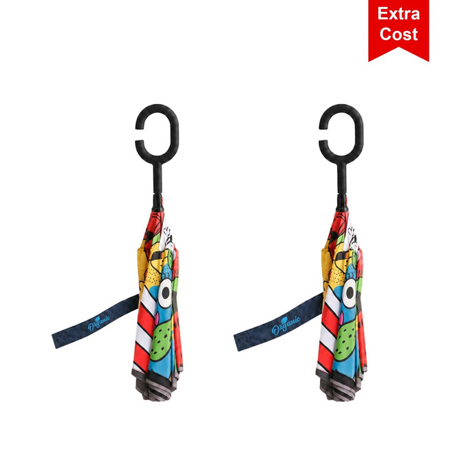 A reversible folding umbrella with a colourful design and a black hook handle, featuring a branding logo.