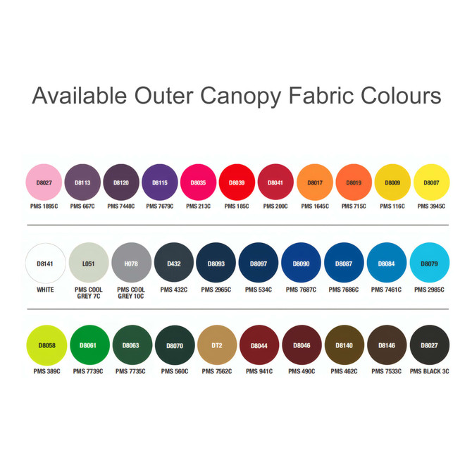 A collection of fabric swatches in various colours for the outer canopy of a reversible folding umbrella.