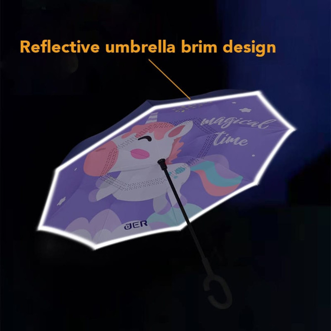 A children's reversible folding umbrella featuring a purple design with a unicorn and reflective brim. It has a logo.