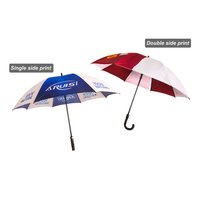 A full colour golf umbrella featuring a blue and white design alongside a red and white design, with a curved handle. A full colour golf umbrella featuring a blue and white design alongside a red and white design, with a curved handle.