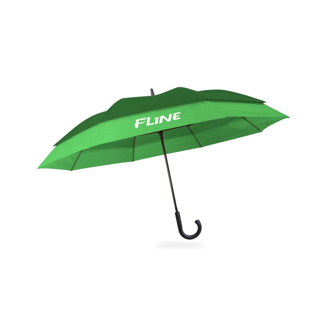 A green expandable golf umbrella with a curved black handle and a logo on the canopy.