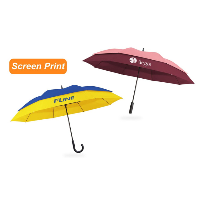 Two expandable golf umbrellas are displayed, featuring yellow and blue, and pink and burgundy colours, each with a logo.
