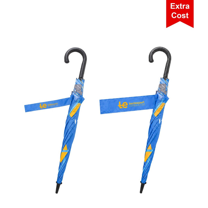 A blue expandable golf umbrella with yellow accents and a black hook handle, featuring a logo.
