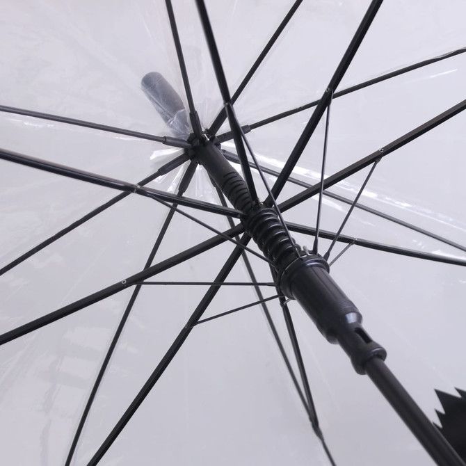 A transparent eight-panel umbrella with a black frame, showcasing the inner structure and spokes.